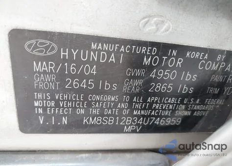 2004 Hyundai Santa Fe из США, поврежденный, VIN KM8SB12B34U746959